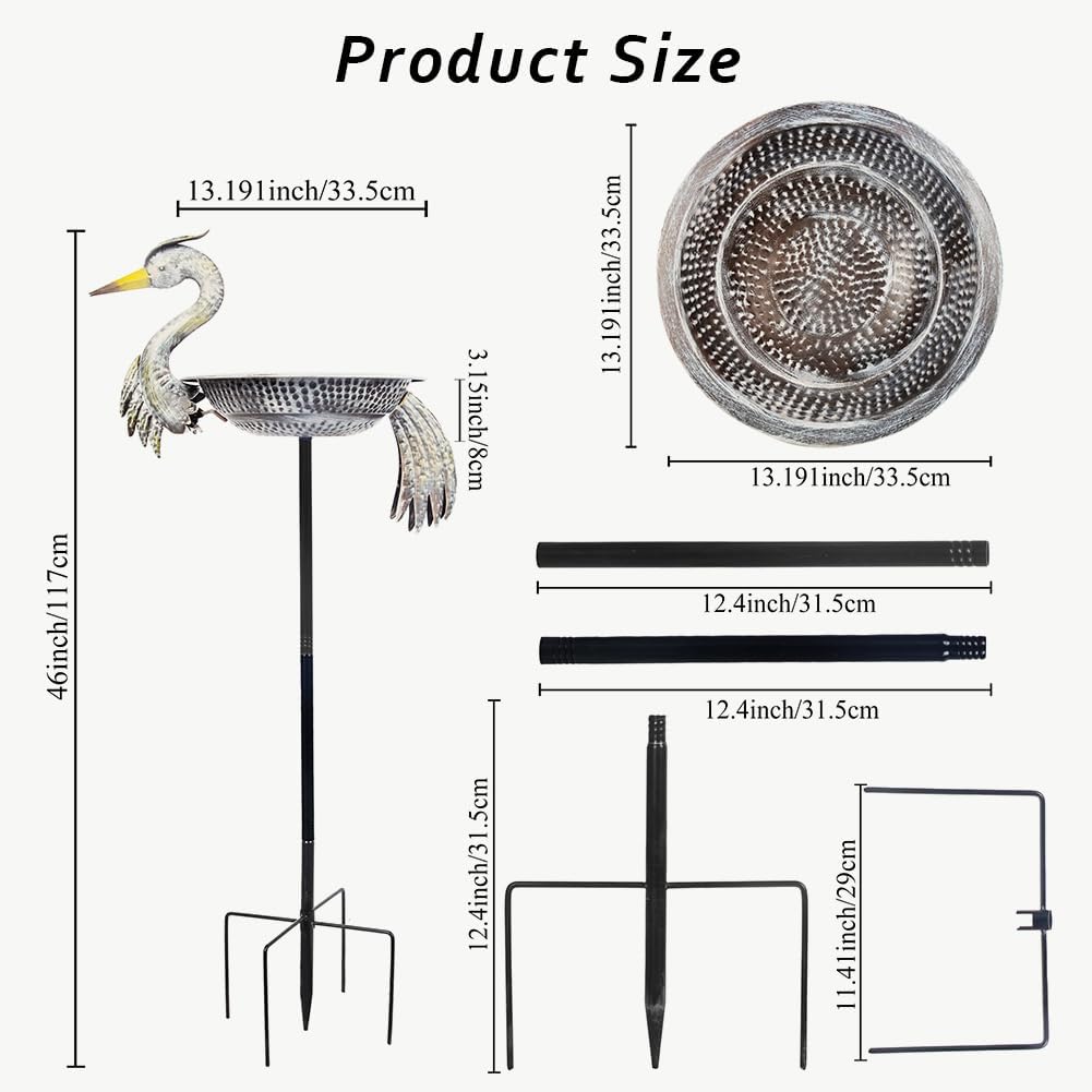 Metal Bird Bath with Stake, 13" Dia Crane Bird Baths for Outdoors, Freestanding Birdbath & Birdfeeder for Outside Garden Yards Lawn Decor, 46 Inch Tall