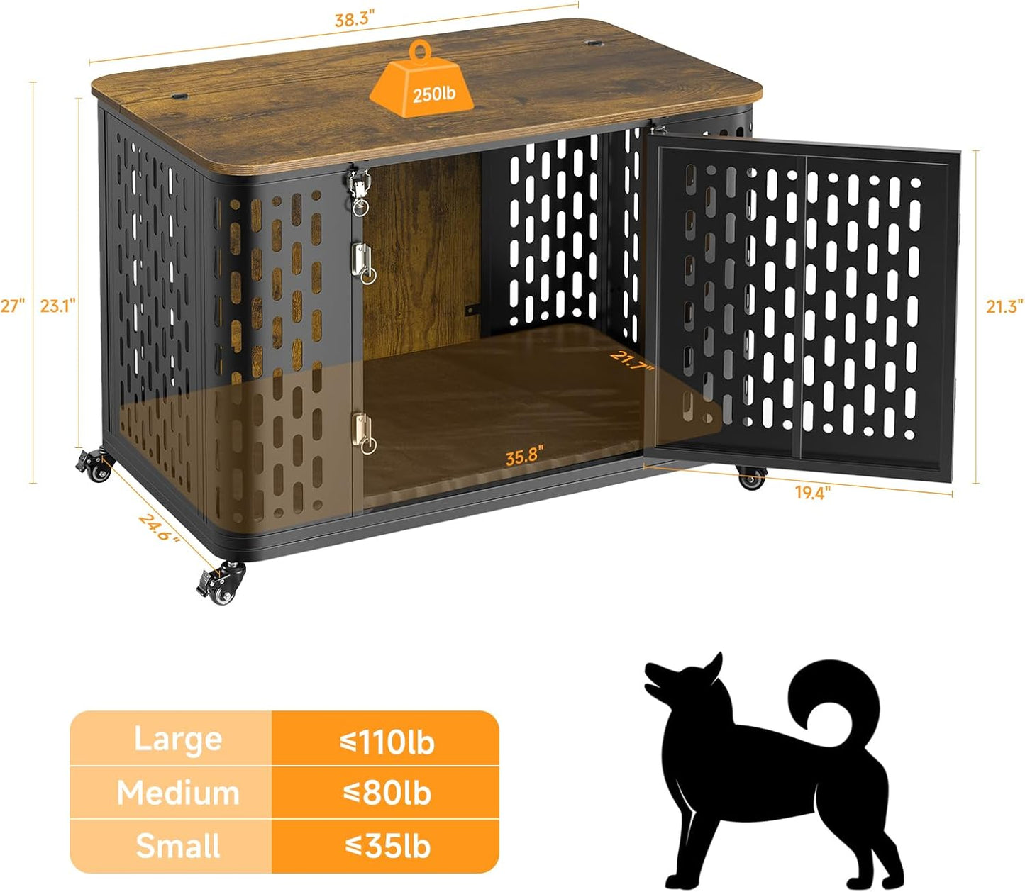 Dog Crate with Cushion, 38" Wood Heavy Duty Dog Crate Furniture with Flip Top & Wheels for High Anxiety Dogs, Escape Proof Pet Cage for Small/Medium Dogs