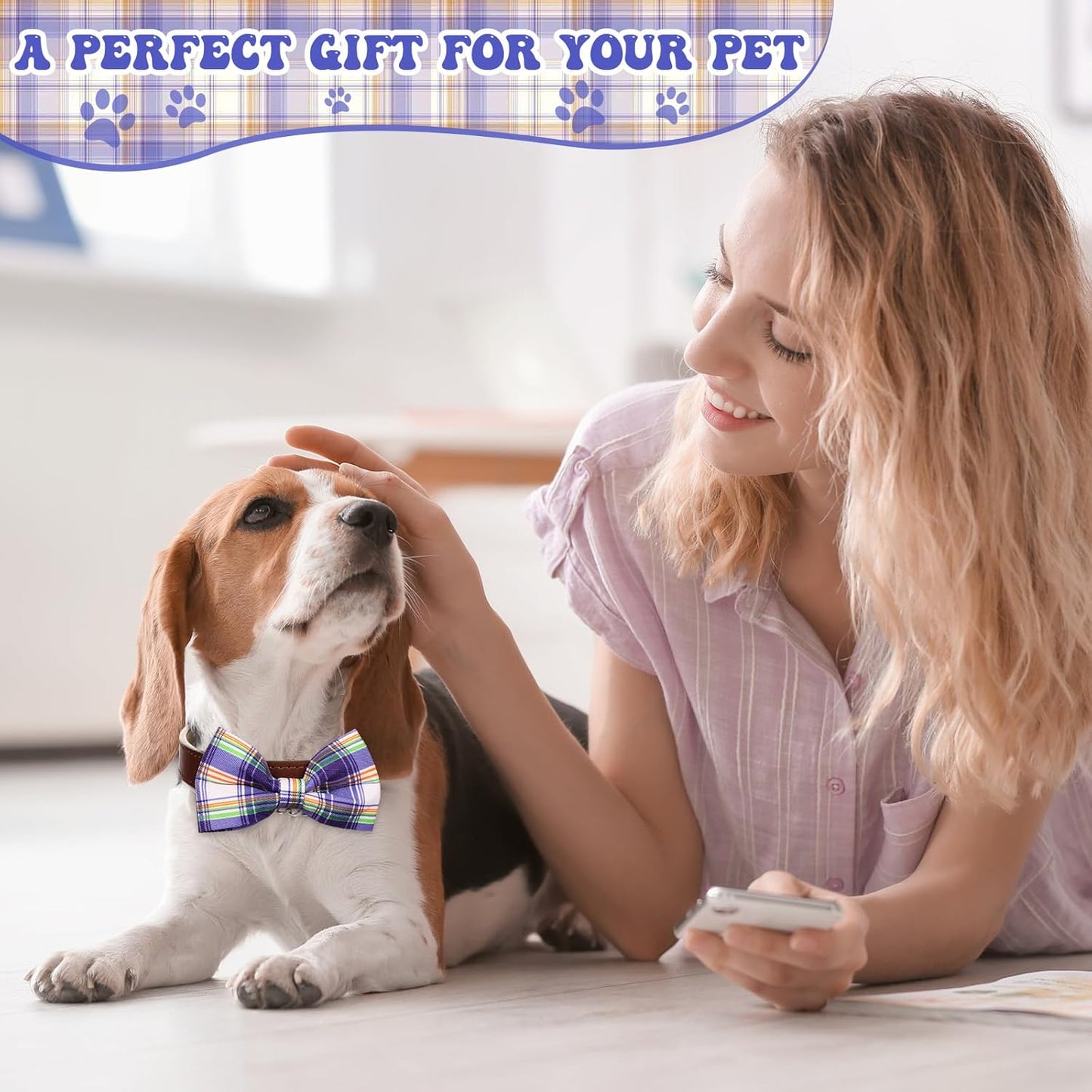 Reginary 50 Pieces Dog Bow Ties Pet Collar Bow Puppy Collar Attachment with Rubber Bands for Small Medium Cat Pet Grooming Charms Accessories Wedding Birthday Occasion(Plaid Style)