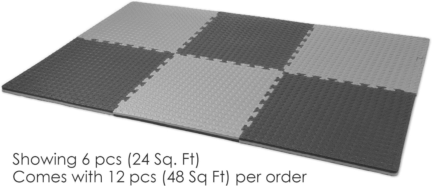 Xspec 1" Extra Thick 48 sq ft Reversible EVA Gym Foam Floor Mat Tiles (24" x 24"), Steel Pattern, 12 pcs, Black & Grey