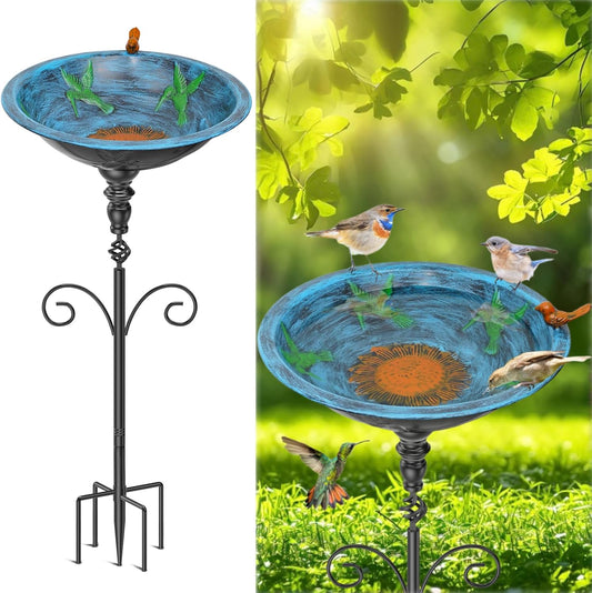 35In Tall Bird Bath for Outside, Vintage Metal Birdbaths & Birdfeeder with 5 Prong Bases for Outdoors, Freestanding Bird Baths Feeder Bowl with for Garden Yard Lawn Decor (Retro Blue)