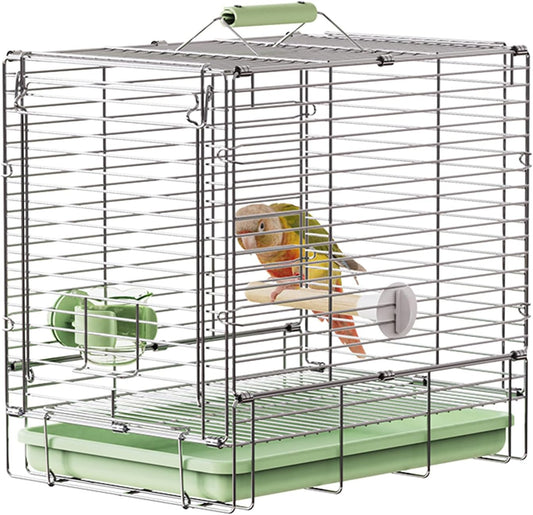 Bird Carrier Travel Cage - 304 Stainless Steel Portable Folding Bird Travel Cage with Parrot Feeder Cups & Standing Perch for Smaller Birds Conures Lovebird Cockatiel Parakeets (Green)