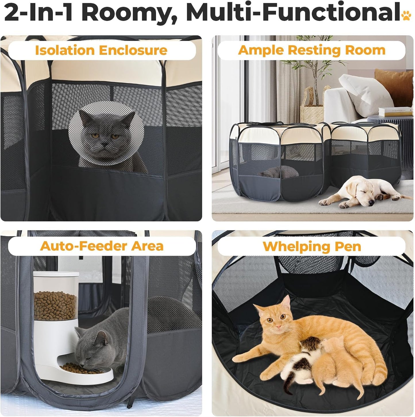 EighteenTek 2-in-1 Pop Up Cat Playpen, Assembly-Free Dog Puppy Pet Playpen, Indoor Outdoor Cats Enclosed, Cat Tent House Crate Cage, Portable & Foldable Playpen for Kittens(No Divider, Unified Space)