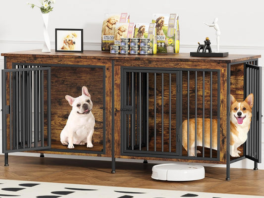 EasyCom 63" Dog Cage Furniture for 2 Pets with Divider, XL Wooden Double Dog Crate Furniture TV Stand for Mideum Breed, Durable and Sturdy