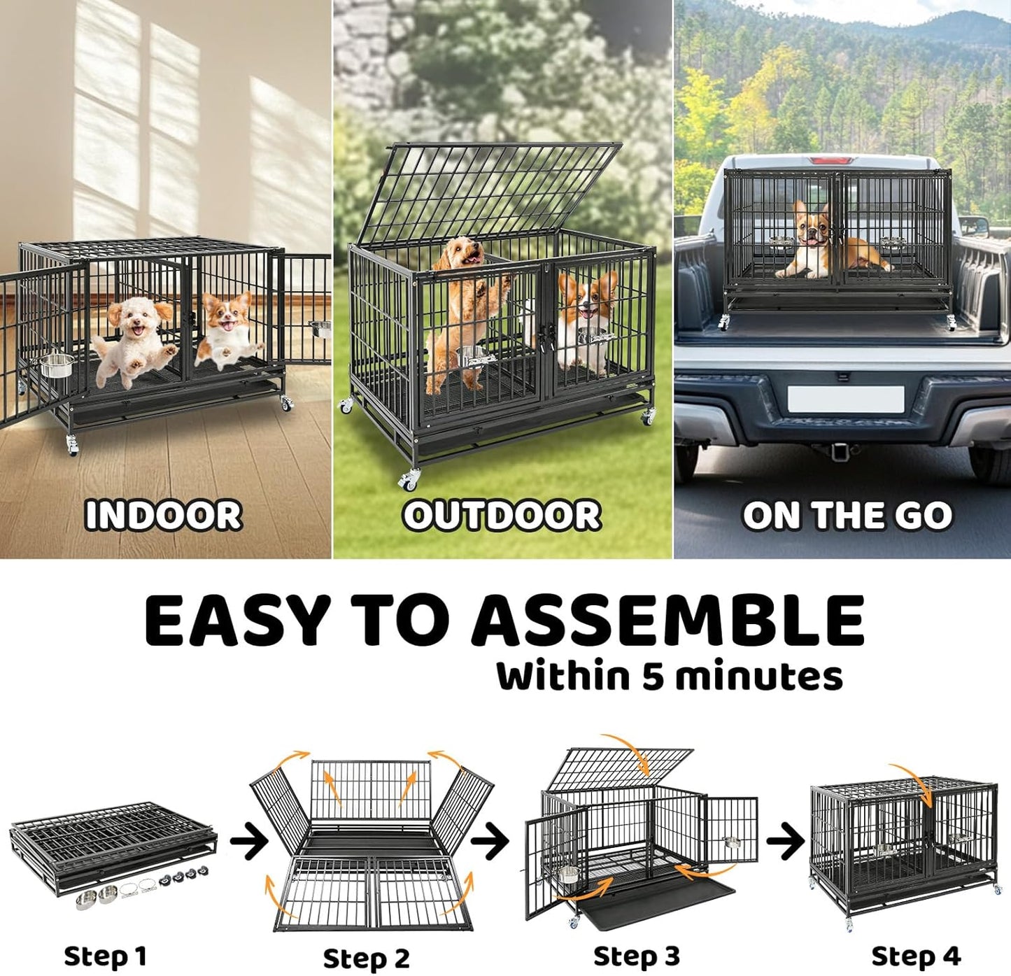 Homey Pet 4 Pack Three Tiers 43 inch Dog Crate with Wheels, Stackable Heavy Duty Indestructible Steel Dog Cage Kennel Indoor with Detachable Divider, Tray, Bowls, Escape Proof Locks