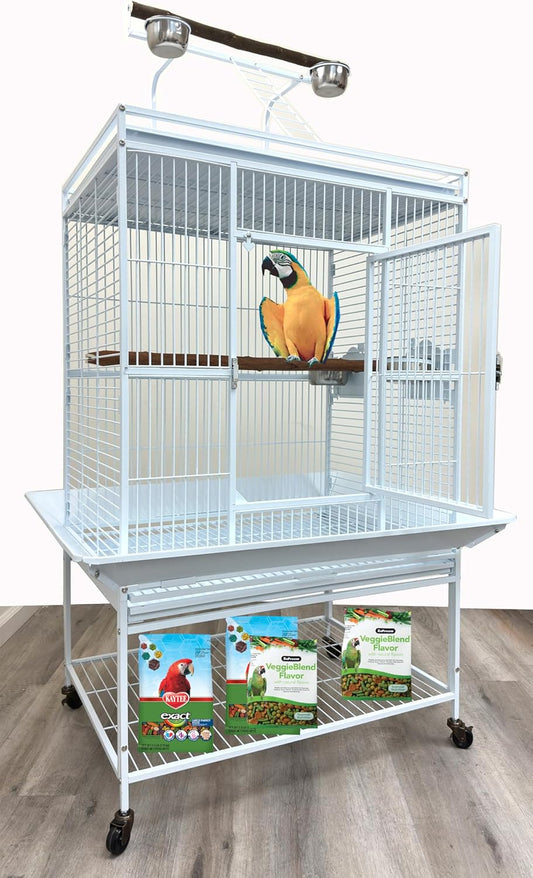 Extra Large Elegant and Durable Wrought Iron Climging Ladders Perch Stand Play Top Ground Bird Parrot Rolling Metal Cage, Include Seed Guard (White Vein, 32" x 23" x 69"H)