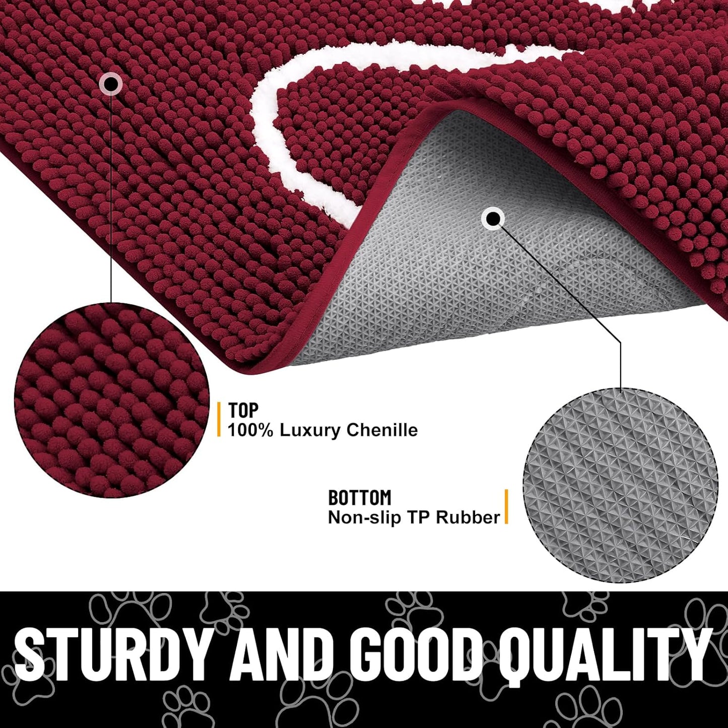 Smiry Dog Door Mat for Muddy Paws, Absorbent Dirt Trapper Non Slip Quick Dry Washable Chenille Mat for Mud Dogs, Entry Rug for Indoor and Outdoor (48x30 Inches, Burgundy)