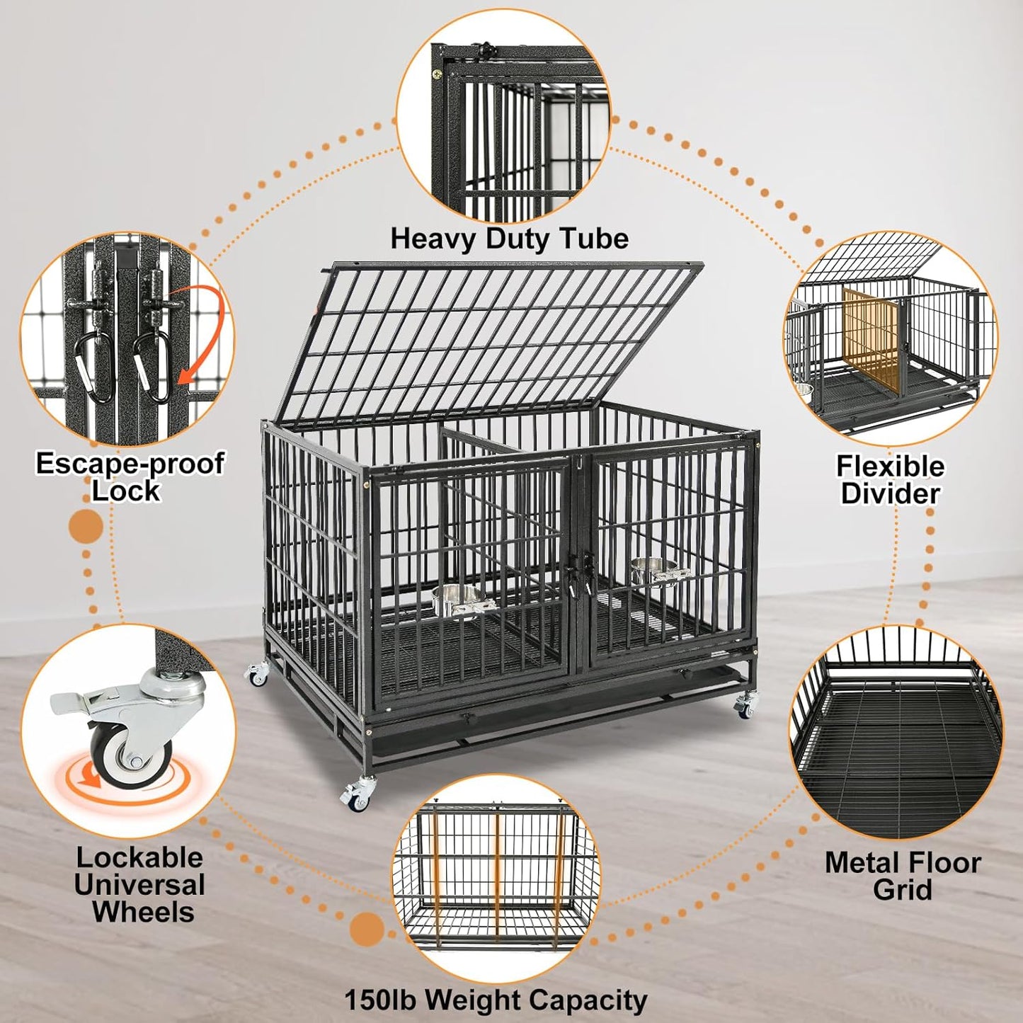Homey Pet 2 Pack Three Tiers 43 inch Stackable Heavy Duty Dog Crate with Wheels, Indestructible Steel Dog Cage Kennel Indoor with Detachable Divider, Trays, Feeding Bowls, Escape Proof Locks
