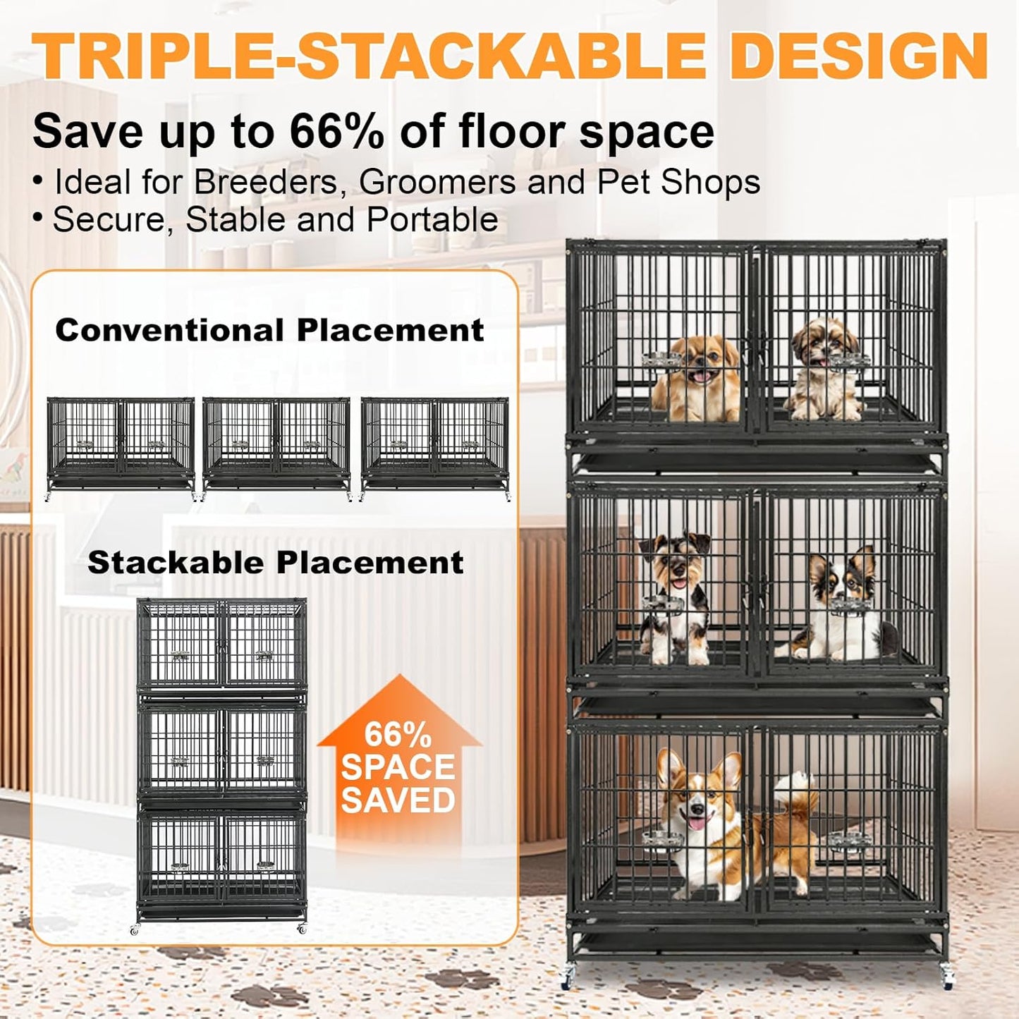 Homey Pet Three Tiers 43 inch Heavy Duty Dog Crate with Wheels, Stackable Indestructible Steel Dog Cage Kennel Indoor with Divider, Trays, Bowls, Escape Proof Locks for Breeder and More