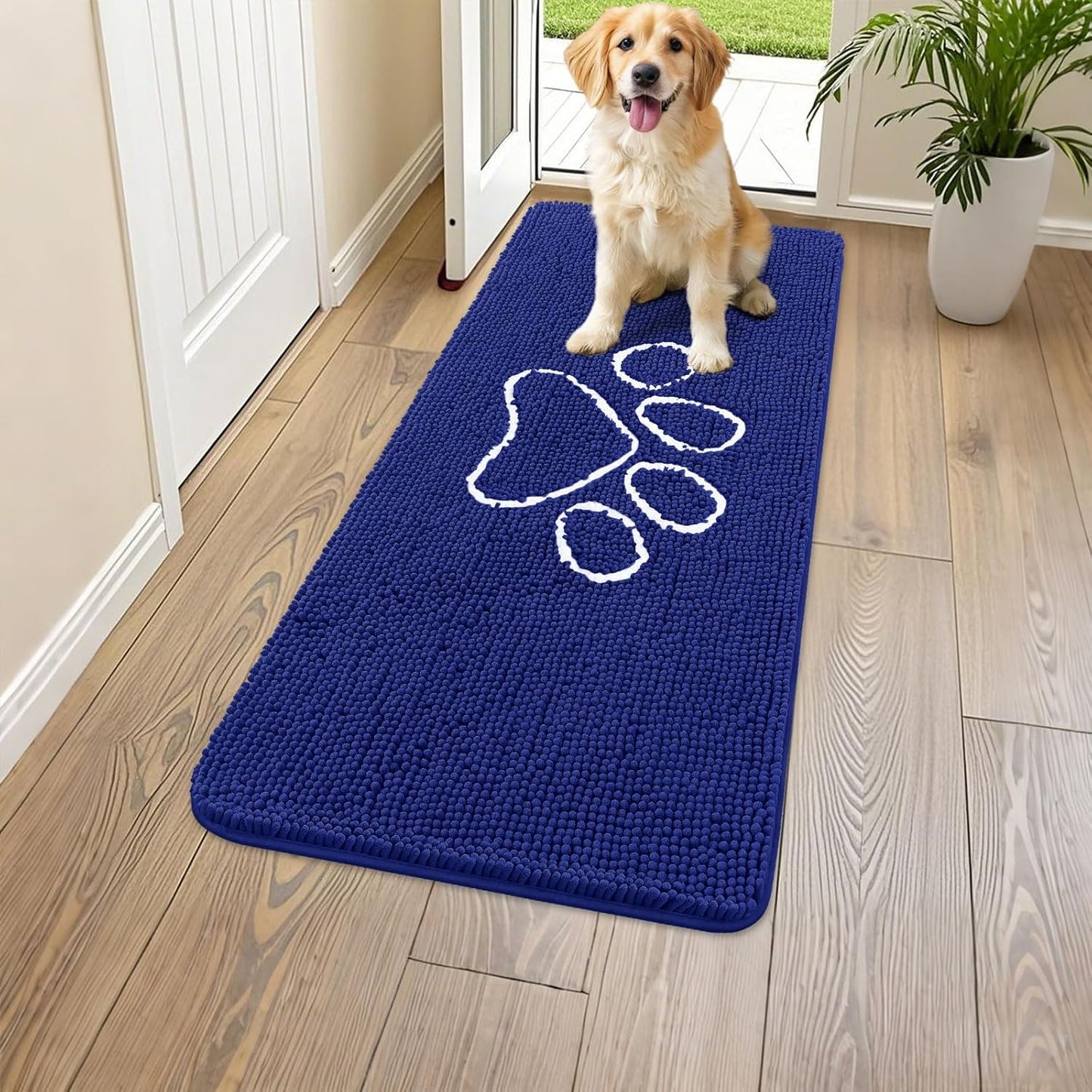 Smiry Dog Door Mat for Muddy Paws, Absorbent Dirt Trapper Non Slip Quick Dry Washable Chenille Mat for Mud Dogs, Entry Rug for Indoor and Outdoor (47x24 Inches, Navy Blue)