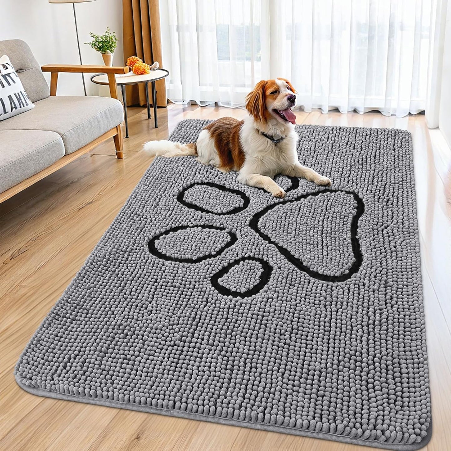 Smiry Dog Door Mat for Muddy Paws, Absorbent Dirt Trapper Non Slip Quick Dry Washable Chenille Mat for Mud Dogs, Entry Rug for Indoor and Outdoor (32x59 Inches, Grey)