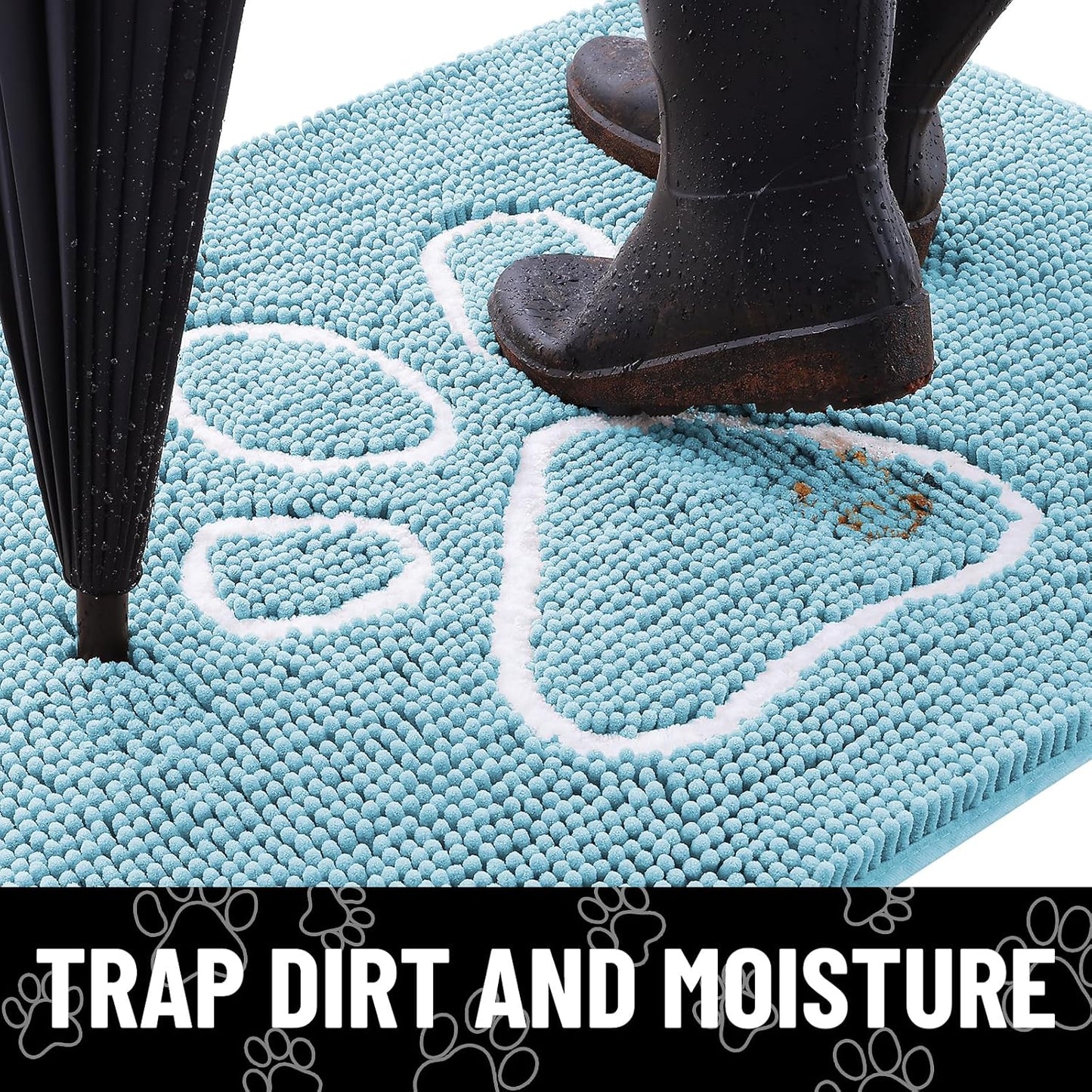 Smiry Dog Door Mat for Muddy Paws, Absorbent Dirt Trapper Non Slip Quick Dry Washable Chenille Mat for Mud Dogs, Entry Rug for Indoor and Outdoor (24x16 Inches, Sky Blue)