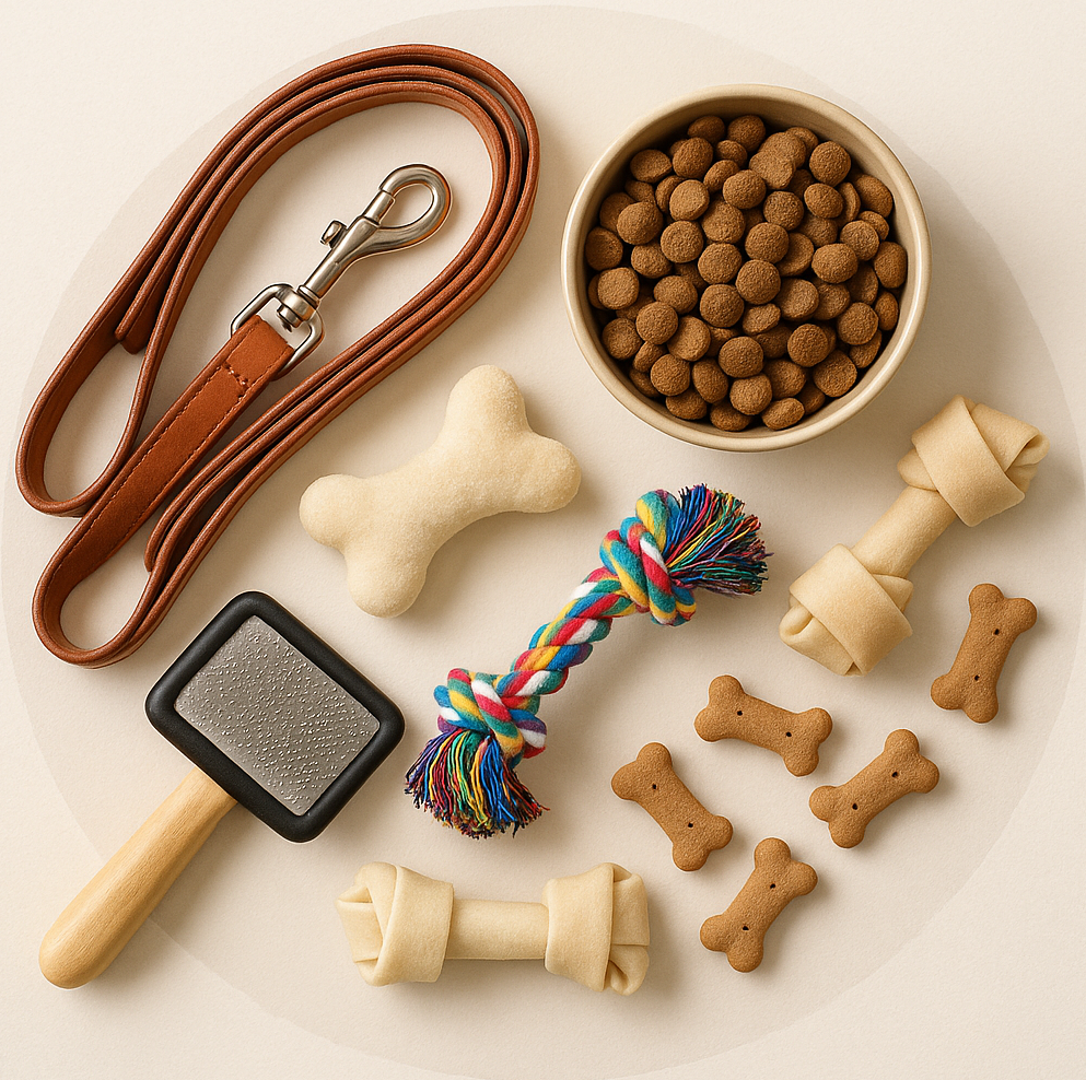 circle photo of pet supplies, make a real photo, light colors